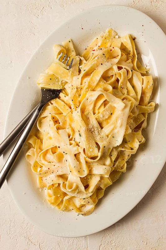 Fettuccine, tagliatelle, in creamy garlic sauce, Italian traditional cuisine, pasta carbonaro
