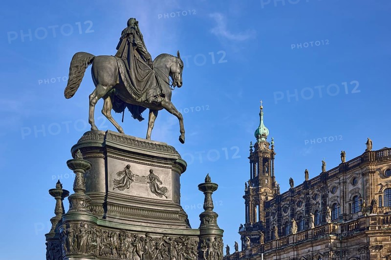 Equestrian statue King John Monument, Cathedral of St. Trinity, Catholic Court Church, Theatre Square, Dresden, state capital, independent city, Saxony, Germany, Europe