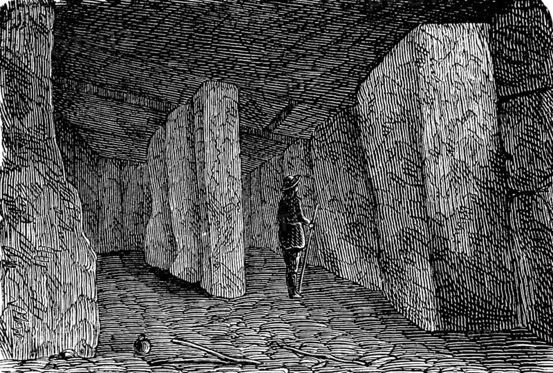 Interior of the dolmens of Antequera, Málaga, Conjunto Arqueológico Dólmenes de Antequera, archaeological museum, cave, rock chamber, history of mankind, Spain, historical illustration 1880, Europe