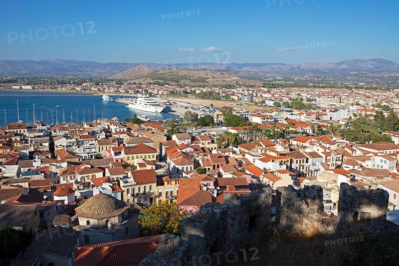 View of the rooftops and harbour of Nafplio and the Argolic Gulf, Argolis, Peloponnese, Greece, Europe