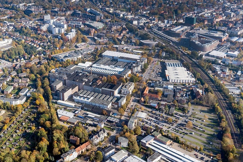Aerial view, Hauni Technologie GmbH, Hamburg, Bergedorf. Körber, world market leader, mechanical engineering, dismantling, construction site
