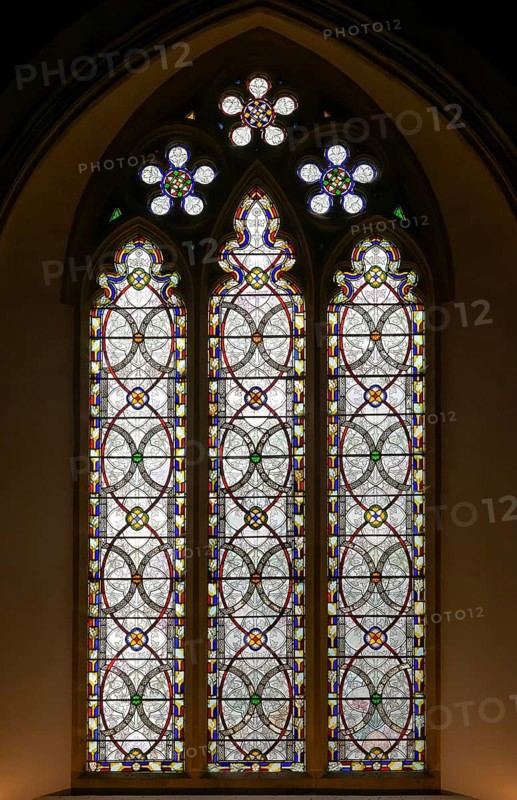 Stained glass window of Grisaille geometric patterns by William Wailes 1849, Church of Saint Mary, Kingsclere, Hampshire, England, UK