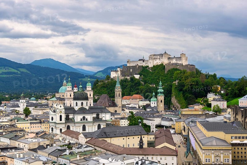 Traditional picture of the old town of Salzburg with the Hohensalzburg Fortress and dense cloud cover, Salzburg, Salzburger Land, Austria, Europe
