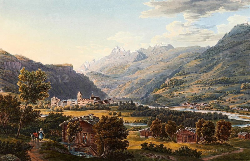 View of Ilanz, the first town on the banks of the Rhine, Graubünden, Switzerland, view from around 1830, digitally restored reproduction of a 19th century model by Johann Ludwig Bleuler (12 February 1792 - 28 March 1850), Swiss draughtsman and painter, Europe