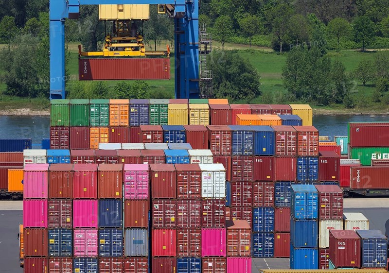 Duisburg, Ruhr area, North Rhine-Westphalia, Germany, container terminal in the port of Duisburg on the Rhine in Wanheim-Angerhausen, combined transport and handling, container storage, intermodal container terminal connecting barge, rail and lorry, HGK Intermodal, Europe