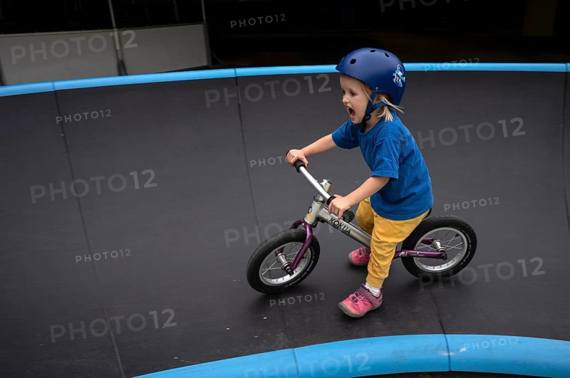 Little girl, 3 years, blonde, helmet, helmet, riding on balance bike, bicycle, skating rink, playground, Stuttgart, Baden-Württemberg, Germany, Europe