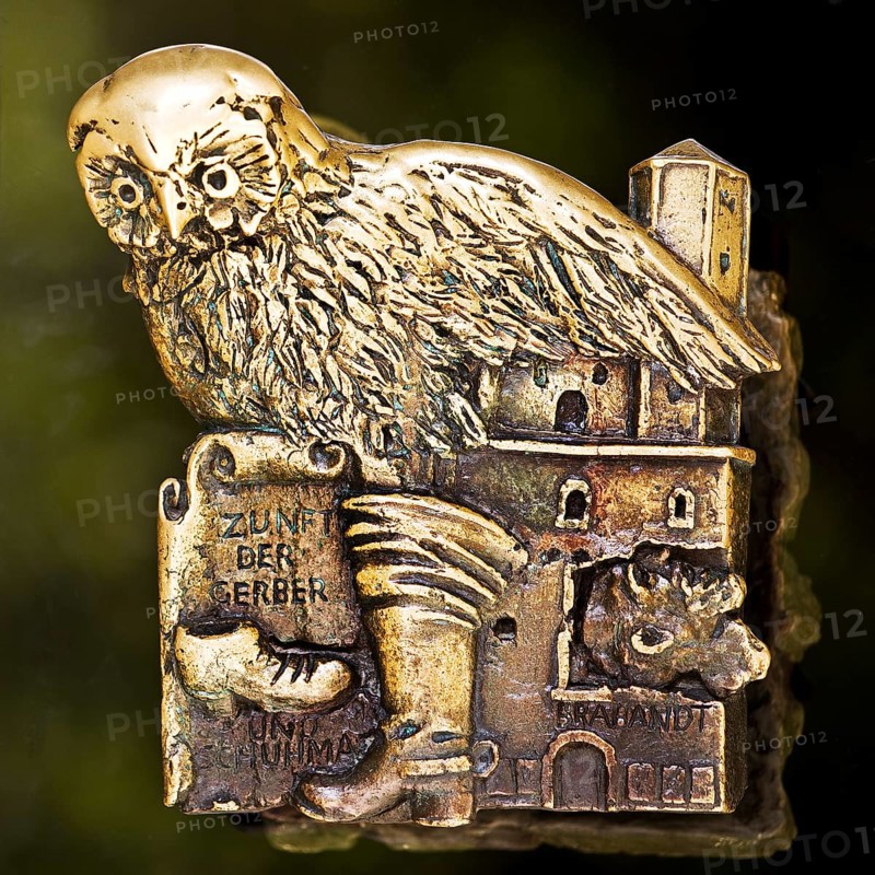 Door handle on the glass door of the town hall with motifs from the history of the city of Braunschweig, Lower Saxony, Germany, Europe
