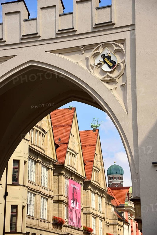 Europe, Germany, Bavaria, City of Munich, City Centre, Stachus-Karlsplatz, Karlstor, View into Neuhauser Straße, Coat of arms Münchner Kindl, Europe