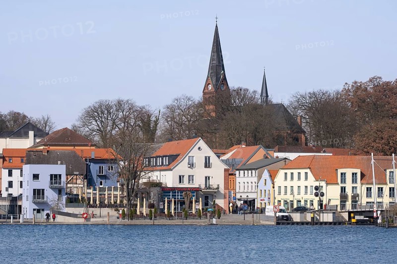Town view at Lake Malchow with town harbour and town church, Malchow, island town, Mecklenburg Lake District, Mecklenburg, Mecklenburg-Western Pomerania, Germany, Europe