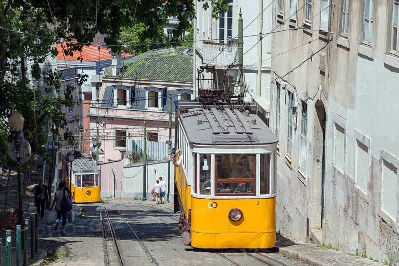 Yellow tram descends steeply, lined with buildings, funicular railway, Ascensor da Glória, Old Town, Lisbon, Lisboa, Portugal, Europe
