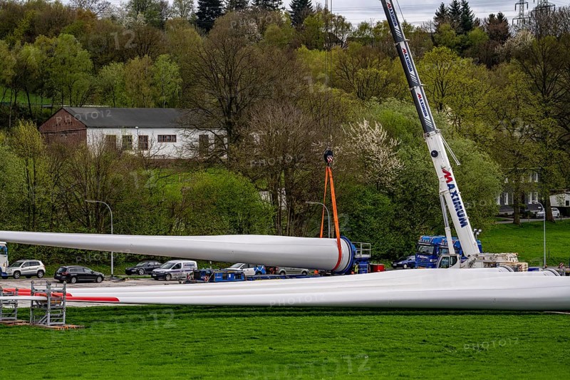 Preparation for the transport of a 68 metre long blade, a wind turbine, with a self-propelled Blade-Lifter vehicle, over a 40 km long route in the Bergisches Land, through towns, villages, over country roads, narrow through roads, to the construction site of the wind turbine near Hagen, North Rhine-Westphalia, Germany, Europe