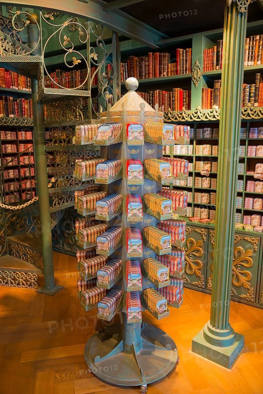 A revolving stand in the shop, stocked with variously designed tins of sardines in a nostalgic, retro-inspired style, tinned sardines, Óbidos, Obidos, Oeste, Centro, Estremadura, Portugal, Europe