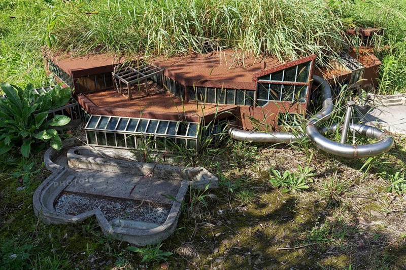 Already demolished leisure pool in miniature format, art installation Neustadt by Marta Dyachenko and Julius von Bismarck on the Emscherkunstweg, Landschaftspark Duisburg-Nord, Duisburg, North Rhine-Westphalia, Germany, Europe