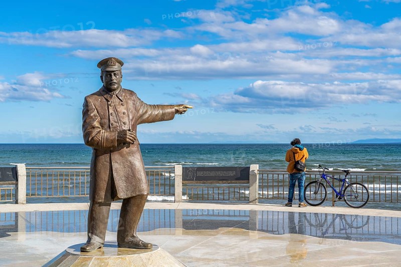 Monument to Captain Luis Pardo Villalón, saviour of the expedition of explorer Ernest Shackleton, behind the Strait of Magellan, city of Punta Arenas, Patagonia, Chile, South America