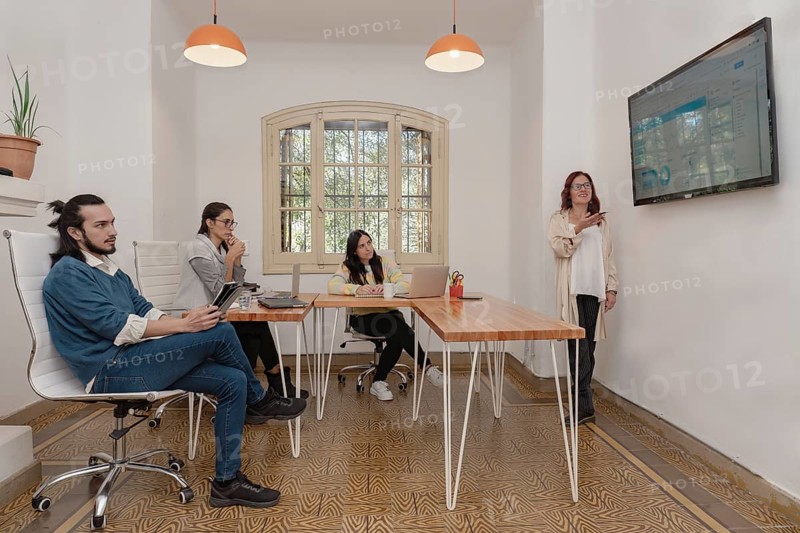 A professional redhead woman makes a statistical presentation to her diverse team using a large flat screen in a bright office environment