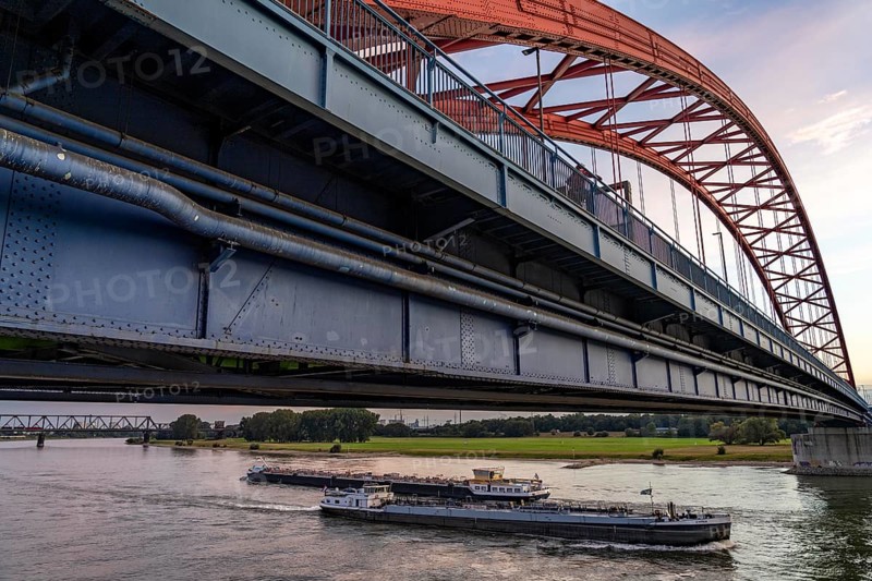 The Bridge of Solidarity, the longest tied-arch bridge in Germany, over the Rhine from Duisburg-Hochfeld to DU-Rheinhausen, the road bridge is dilapidated and has to be rebuilt, many thousands of lorries from the Logport port and cars use the bridge every day, new construction by 2040, cargo ships, behind the Duisburg-Hochfeld railway bridge, Duisburg, North Rhine-Westphalia, Germany, Europe