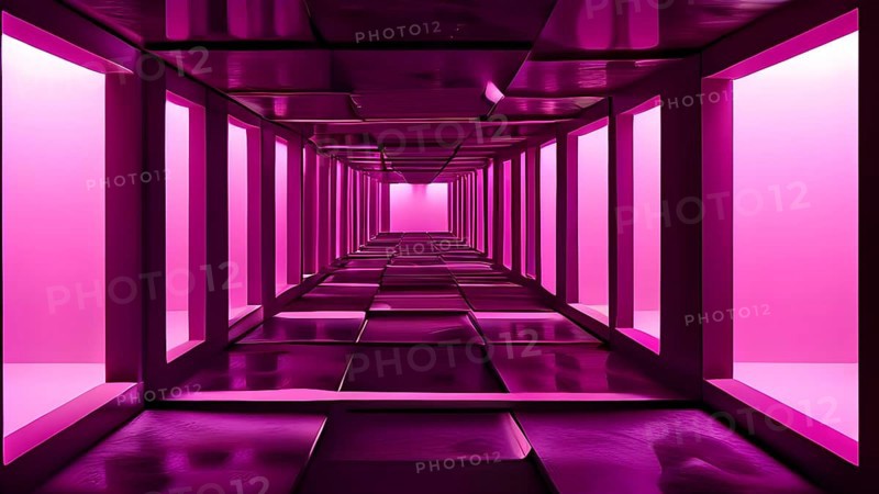 Windows aligned within an elongated tunnel permeated with gradients of magenta hues, AI generated