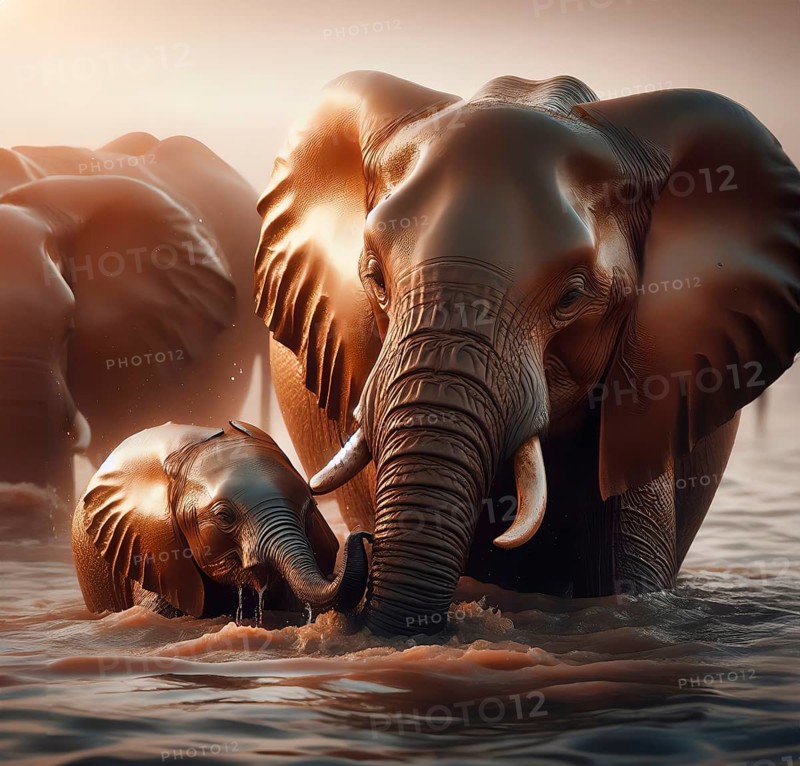 African elephant (Elephas maximus), young animal and elephant cow bathing in a river, AI generated, AI generated