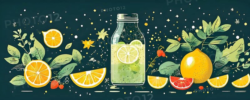 Abstract wallpaper of smoothie surrounded by an assortment of fruits and vegetables, AI generated
