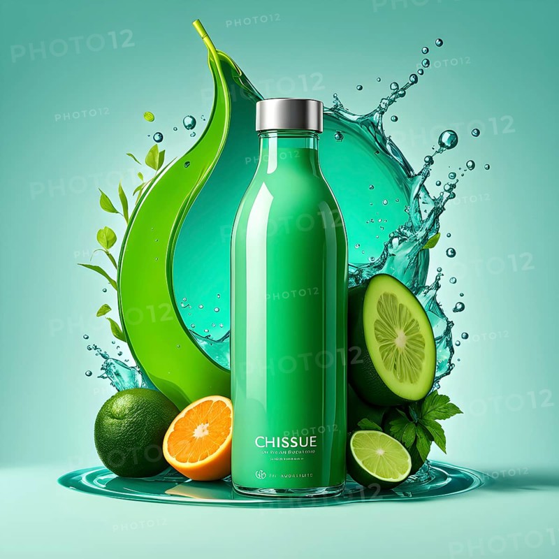 Abstract wallpaper composition with bottle of delicious green detox juice and fruits and vegetables, AI generated