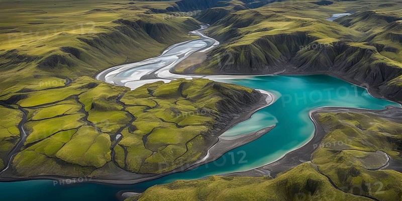 Aerial view perpendicular top down of an abstract colorful river along the coastline, AI generated