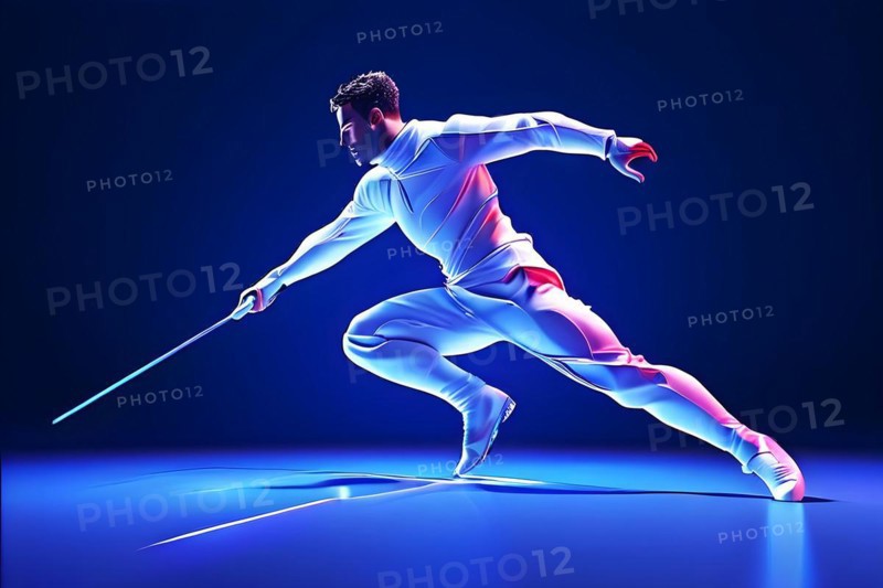 Abstract digital render of a fencer morphing into fluid shapes, AI generated, Paris, Paris, Olympic Games