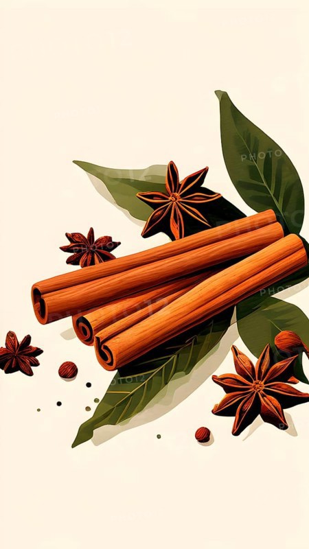 Abstract wallpaper illustration of Christmas spices like cinnamon sticks, star anise, and cloves, AI generated