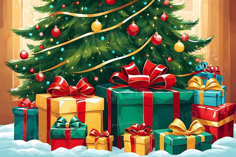 Abstract illustration of wrapped Christmas gifts, shiny ribbons and bows, stacked under a evergreen tree in a cozy living room, AI generated