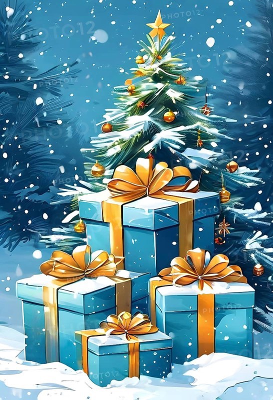 Abstract illustration of wrapped Christmas gifts, shiny ribbons and bows, stacked under a snow-dusted evergreen tree in a snowy outdoor setting, AI generated