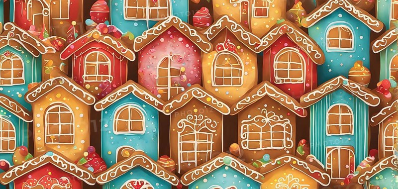 Abstract wallpaper illustration of of gingerbread house decoration, AI generated