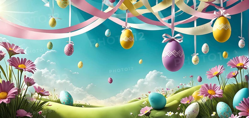 Surreal Easter scene with floating eggs, ribbons, and flowers in a dreamlike, whimsical composition of light and shadow, AI generated