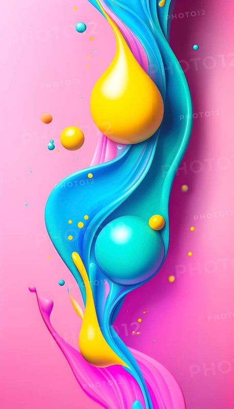 Abstract image with colorful yellow and turquoise blobs and liquid shapes on a pink background, AI generated