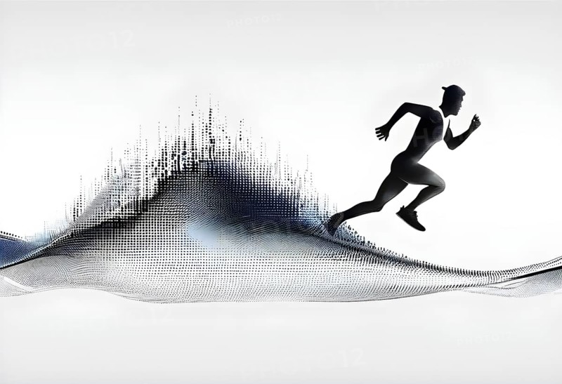 Wave of data points shaping into a runners silhouette, abstract illustration in black and white, conveying speed and precision guided by AI, AI generated