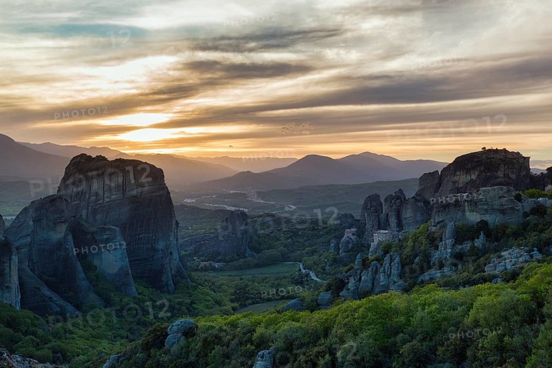 Sandstone formations at sunset, backlight, Meteora, Thessaly, Greece, Europe