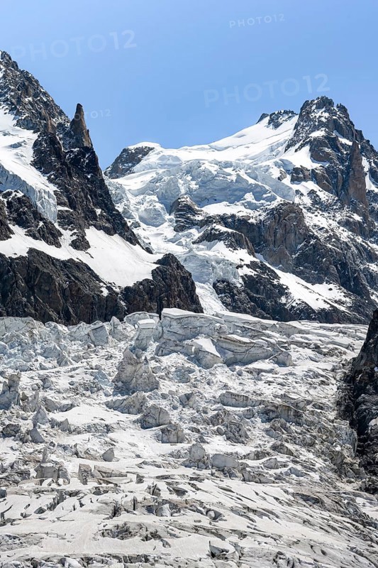 La Jonction, glacier tongue, Glacier des Bossons meets Glacier de Taconnaz, summit of Mont Maudit and Mont Blanc, Chamonix, Haute-Savoie, France, Europe