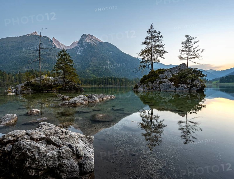Hochkalter reflected in Hintersee, at sunset, Berchtesgaden National Park, Ramsau, Upper Bavaria, Bavaria, Germany, Europe