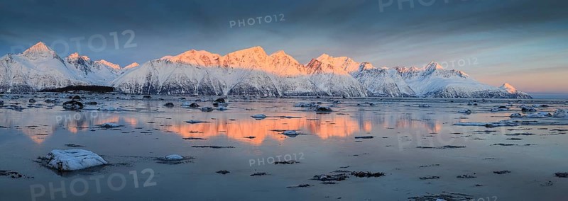 Morning light, mountains, snowy, reflection, sea, coast, fjord, winter, panorama, Lyngen Alps, Norway, Europe