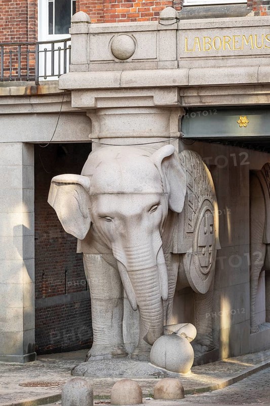 Monumental stone elephant, elephant gate or elephant portal or Elefantporten, designed by architect Vilhelm Dahlerup, Carlsberg district, Copenhagen, Denmark, Europe