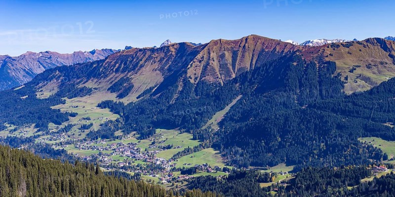 Panorama from Hoher Ifen, 2230m, into Kleinwalsertal, Allgäu, Vorarlberg, Austria, Europe