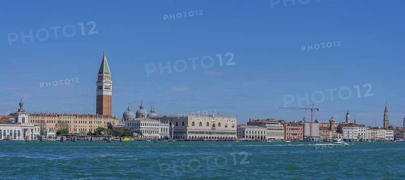 St Mark's Square tower and Palazzo Ducale seen from the vaporetto, Venice, Metropolitan City of Venice, Italy, Europe