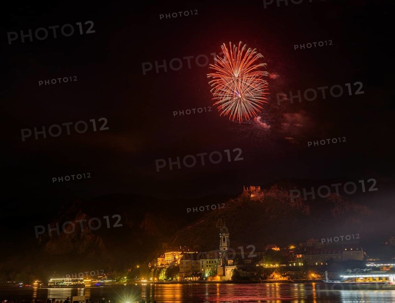 Solstice fireworks with a view of Dürnstein, Rossatz-Arnsdorf, Lower Austria, Austria, Europe