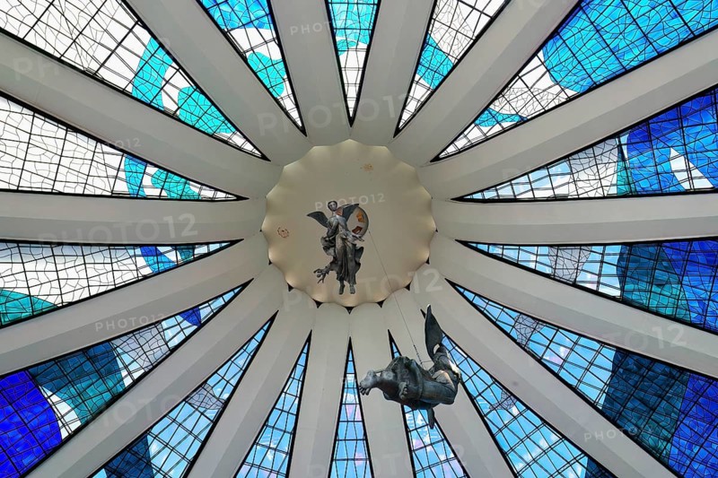 Angels hanging from the stained-glass ceiling, Roman Cathedral of Brasilia or Metropolitan Cathedral of Our Lady of Aparecida, designed by Oscar Niemeyer, World Heritage Site, Brasilia, Federal district, Brazil, South America