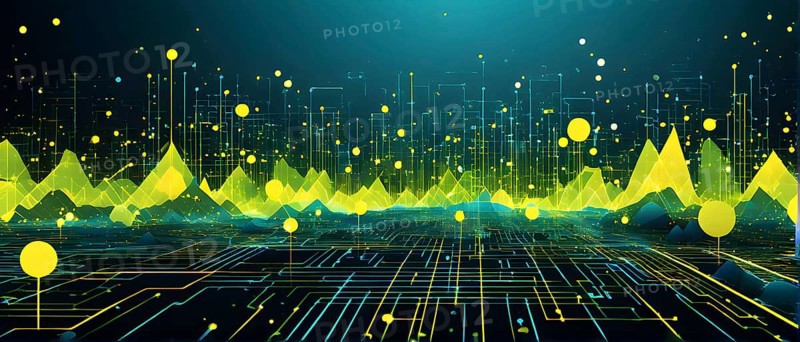 Abstract wallpaper illustration, symbol for artificial intelligence, lines, dots and pattern, vibrant yellow green and blue hues, AI generated