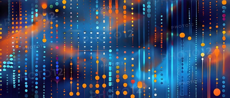 Symbol for artificial intelligence, lines, dots and pattern, vibrant blue and orange hues, abstract wallpaper illustration, AI generated