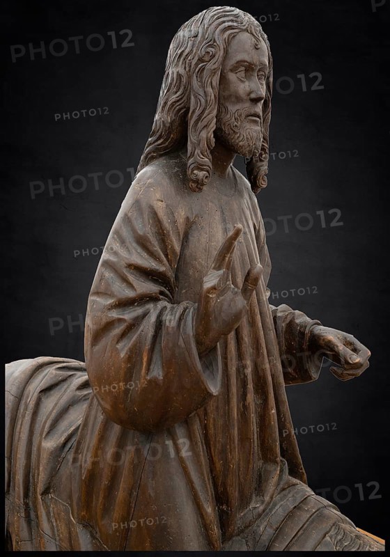 Christ on the Palm Donkey, c. 1500, detail, on dark background, Zeppelin Museum, Friedrichshafen, Baden-Württemberg, Germany, Europe