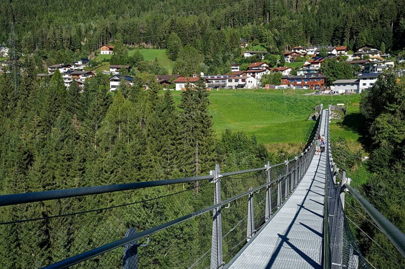 Suspension bridge at Matrei-Trautson Castle, Matrei am Brenner, Wipptal, Tyrol, Austria, Europe