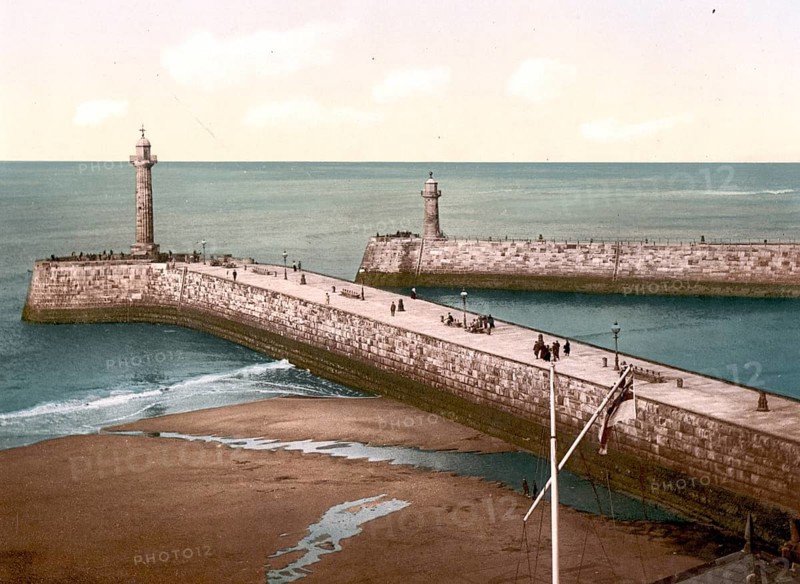 The Pier in Whitby, a historic harbour town on the North Sea coast of Yorkshire in England, c. 1890, Historic, digitally restored reproduction from a 19th century original The Pier in Whitby, a historic harbour town on the North Sea coast of Yorkshire in England, c. 1890, Historic, digitally restored reproduction from a 19th century original