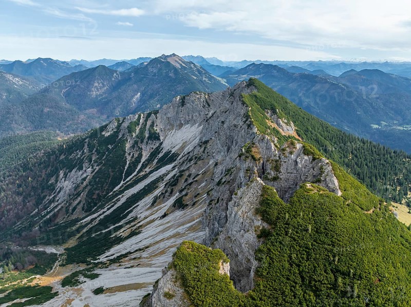 Aerial view, summit and degree, Bavarian and Austrian Schinder, Tegernsee mountains in the Mangfall mountains, Germany, Europe