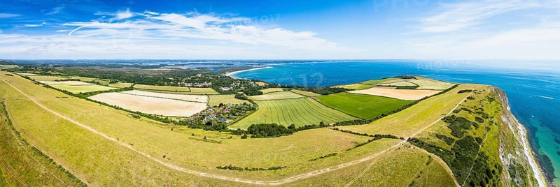 Panorama of Ballard Cliff over Studland from a drone, Jurassic Coast, Dorset Coast, Poole, England, United Kingdom, Europe