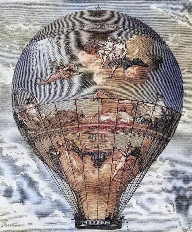 Le Flesselle Ballon der Gebrüder Montgolfier 1784, Le Flesselle Balloon made by the Montgolfier Brothers 1784 From the book Wondeful Balloon Ascents or The Conquest of the Skies published c 1870, Historic, digitally restored reproduction from a 19th century original, Record date not stated